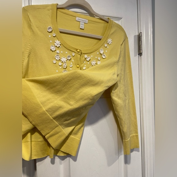 Charter Club Size L Yellow White Daisy Embellished Button Front Cardigan - Picture 4 of 12